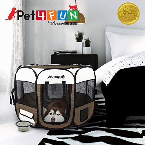 PicassoTiles PET4FUN PN935/PN945 Portable Pet Puppy Dog Cat Playpen Crates Kennel w/Water Resistant 600D Oxford, 210D Nylon, Carrying Bag, Collapsible Bowl, Removable Mesh Cover 2 Sizes