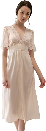 Amazon Fevon ネグリジェ レディース 姫系 半袖 夏 レース切り替え Vネック セクシー ルームウェア ワンピース 前開き シルクタッチ 部屋着 柔らかい ルームワンピース 上品 高級感 快適 ルームワンピース ネグリジェ 通販