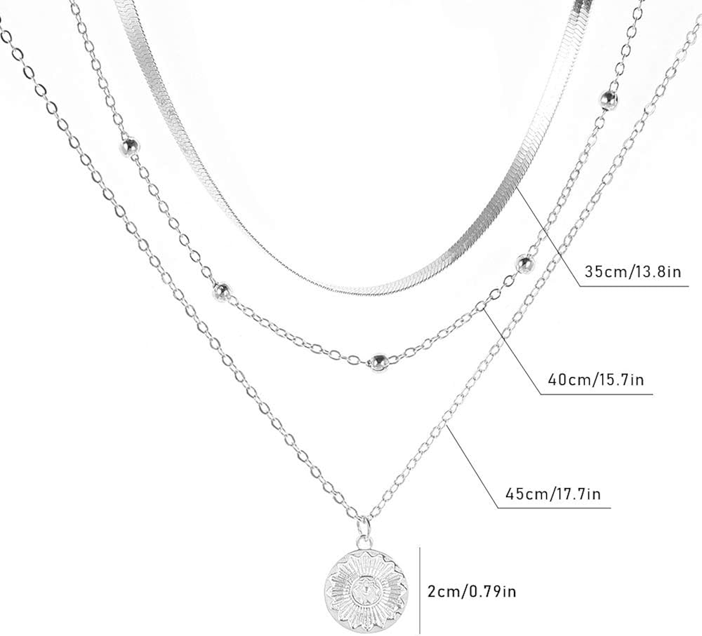 Ceqiny Multi-layer Choker Necklace Bead Round Coin Necklace Pendant Adjustable Chain Necklace Long Chain Tassels 3-Layer Charm Pendant Choker Friendship Necklace Gift for Women Girls, Silver: Clothing