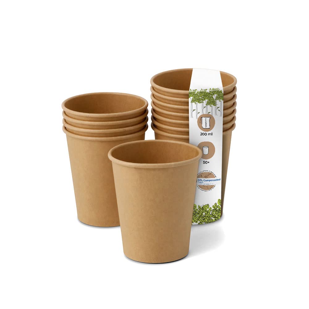 GREENBOX Compostable Organic Disposable Cups, Drinks Cups, Disposable Cups, Paper Cups with PLA Coating, Pack of 50 Coffee to Go, Paper Cups, Brown, Unbleached 200 ml, 8 oz