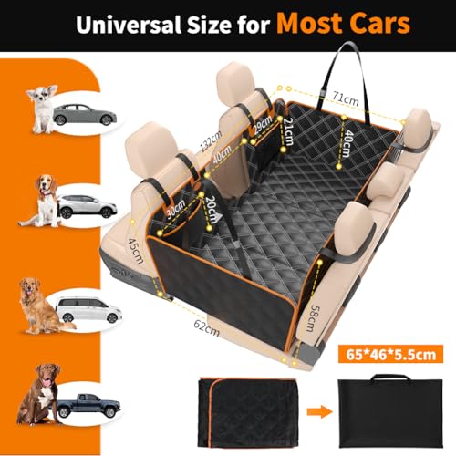 KYG Dog Seat Cover with Hard Back, Rear Seat Extender, Resistant, Scratch Resistant and Waterproof, Car Cover and SUV Black Orange 132 × 62 × 40 cm