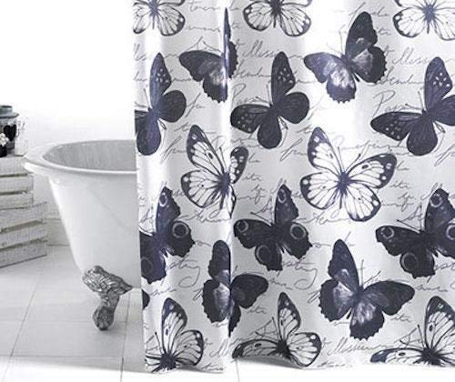 Bathroom Shower Curtain Butterflies Black, White and Grey