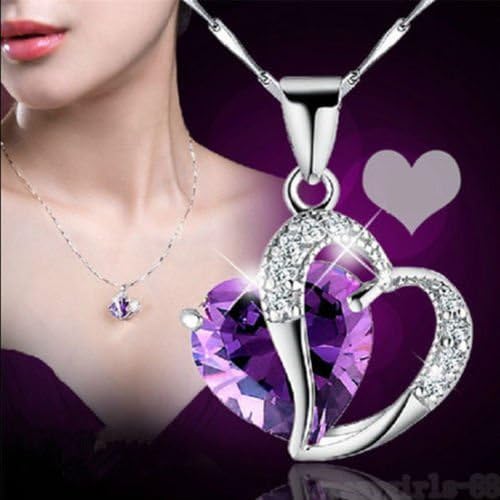 wanmaneeFashion Women Heart Crystal Rhinestone Silver Chain Pendant Necklace Jewelry NEW color purple