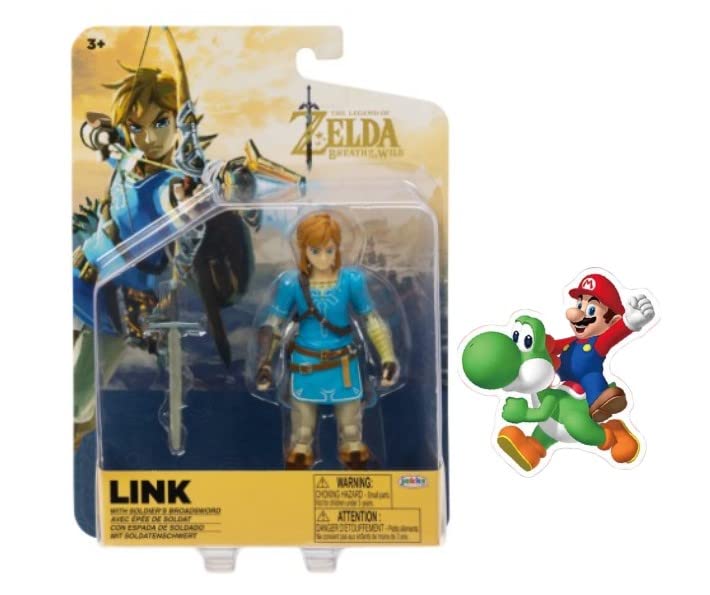 Super Mario World of Nintendo 2.5-inch & 4-inch Articulated Action Figure Collection + Bonus Sticker (Link (BoTW), 4 inch)
