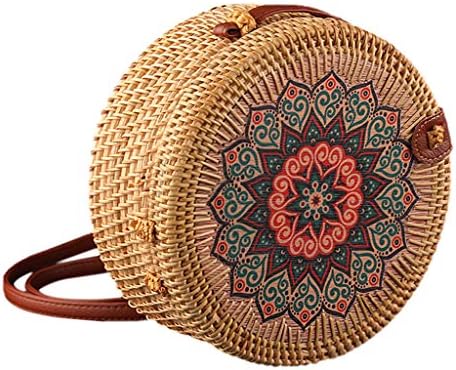 Bibao Women Handmade Circle Handwoven Round Rattan Bag, Crossbody Bag Boho Knit Wicker Basket Beach Bag (B)