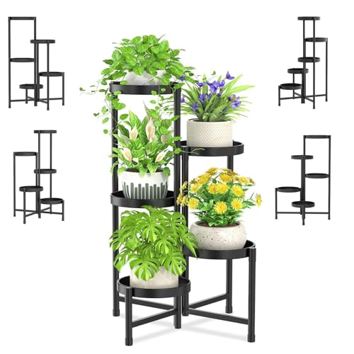 5 Tier Metal Plant Stand, Corner Tall Plant Shelf for Multiple Plants, Indoor Outdoor Flower Pot Holder for Living Room Balcony Garden Patio Yard, Black 48*48*80Cm