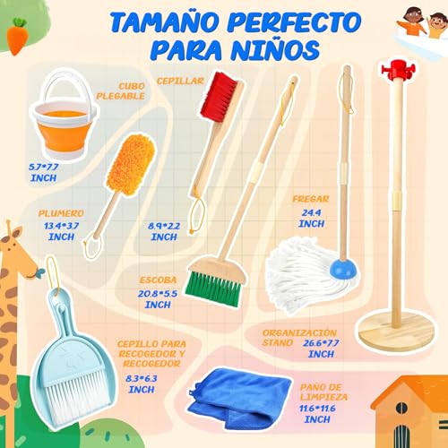 WEAGP Juego de Limpieza para Niños, 6 Piezas Set de Limpieza para Niñas Desmontables con Fregona Cepillo Escoba Recogedor Balde y Soporte Organizador, Regalo Juguetes de rol para Niñas Niños