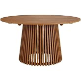 Modway Lane 55 Inch Teak Wood Outdoor Round Dining Table for 6 in Natural &ndash; Slatted Patio Table with Umbrella Hole and Pedestal Base for Patio, Balcony, Deck, Backyard, Terrace Or Sunroom