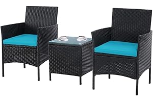 Brightpeak 3 Piece Outdoor Bistro Set, Patio Furniture Chairs, Black Wicker Porch Furniture with Glass Coffee Table (Light Blue Cushion)