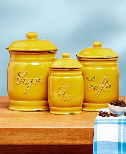 Vintage Style Kitchen Yellow Ceramic Canisters. Set of Three.