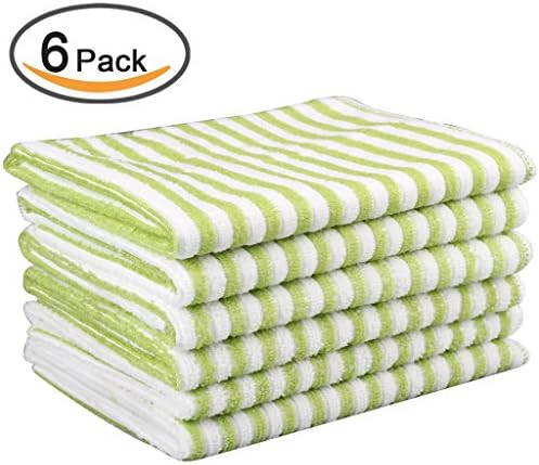 Kleanner Microfiber Striped Kitchen Dish Towel Tea Towel, Multi-purpose Aborbent and Fast Dry Cleaning Towel, Size 15 x 19 Inch, Set of 6 Packs ( Light Green)