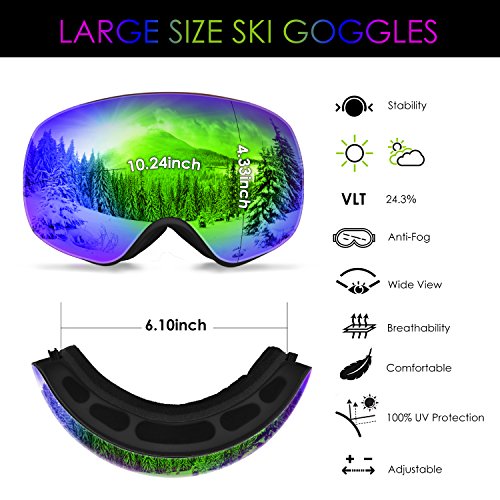 Ski Goggles, Frameless Snowboard Goggles Interchangeable Double Lens with Longer Elastic Strap&Protective Case for Men Women Youth - Anti Fog, 100% UV400 Protection, FDA & CE Green(VLT24.3%)) - Thumbnail 2