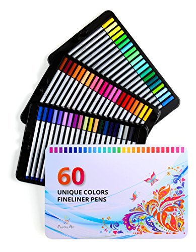Positive Art Fineliner Coloring Pen Set 60 UNIQUE COLORS With Metal Case | Colorful Ultra Fine Tips 0.4 mm | Adult Coloring Books, Draw Pictures, Write Notes | Assorted Colors, Quick Dry Ink