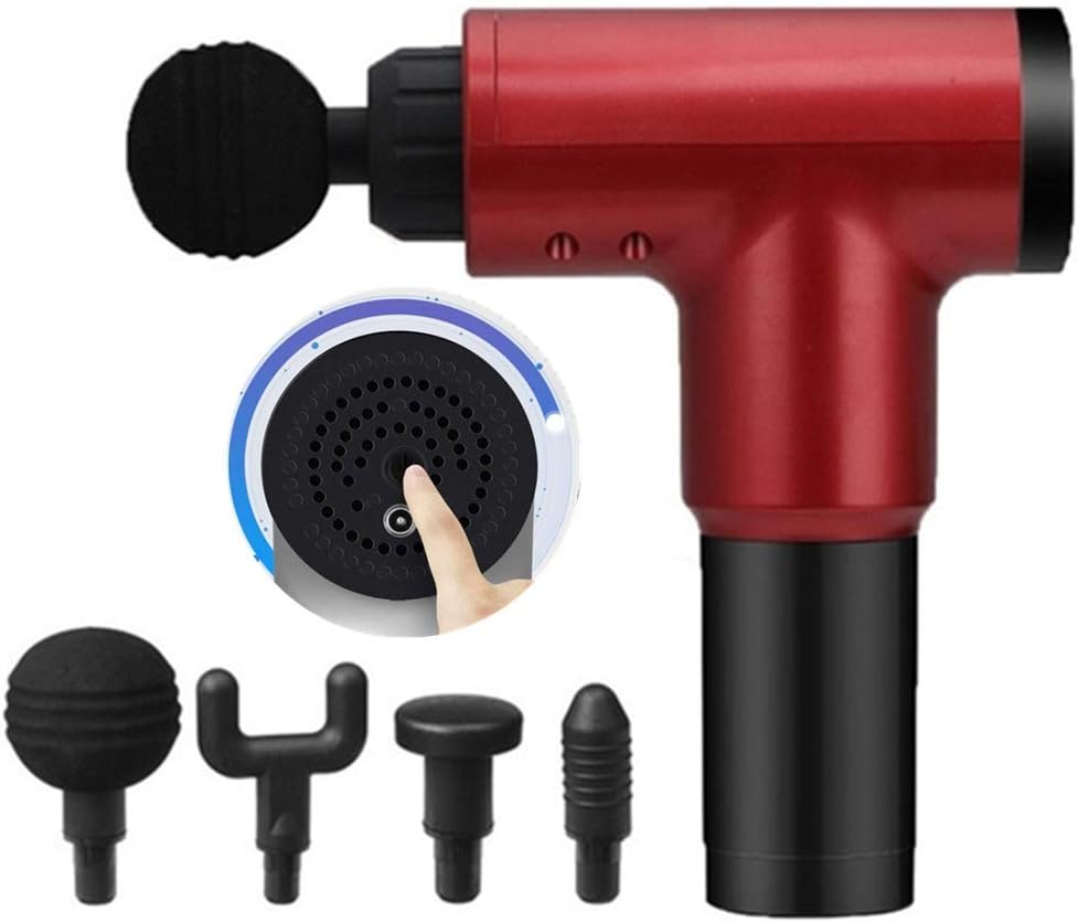 Mini Massage Gun Deep Fascia Gun,Red Simple 7.4V Cordless Handheld Deep Tissue Tension Relief Percussion Massage Device with 4 Massage Head (No Carrying Box)