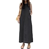 Retro Denim Jumper Dress for Women Sleeveless Crewneck Maxi Long Jean Vest Shift Dress with Pockets