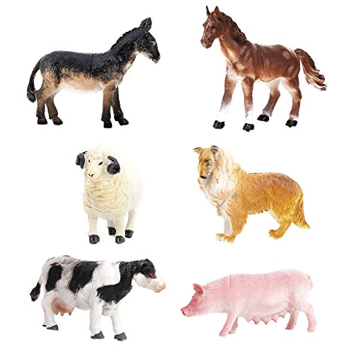 JZK 6X Sortiert Mini-Bauernhoftierfiguren Spielzeug Set für kleine Kinder Spielsets, Miniatur Collie-Hund Schwein Kuh Pferd Schaf Esel Simulation, Badespielzeug Geburtstagsgeschenk für Jungen Mädchen