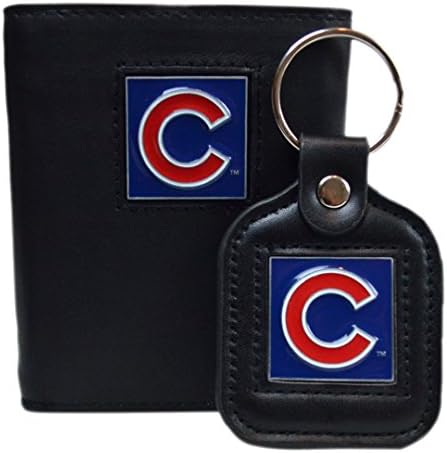 Official Major League Baseball Fan Shop Authentic Genuine Leather MLB Trifold Wallet and Key Chain Bundled Set (Chicago Cubs)