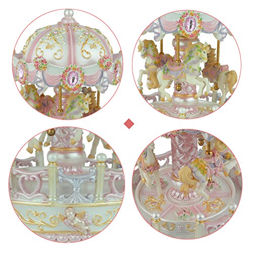 ACCOCO Large Carousel Music Box Luxury Color Change LED Light Luminous Rotating 3-horse Merry-Go-Round Music Box,Two Melody Carrying You from Castle in the Sky and Swan Lank (Pink)