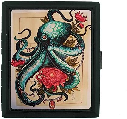 Art Red Square Cigarette Case 85s for Women/Man Bling Metal Cute Holds 20pcs Refinement Tin Plating Surface Airtight Cigarettes Box Hold ID Card &amp; Driver's License Unique Octopus Flower Design