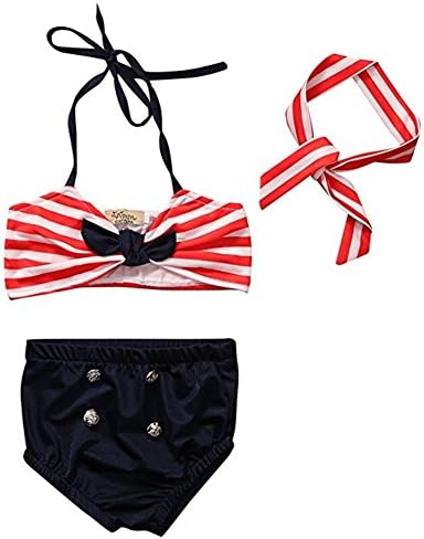 Meng Babys Baby Girls 3 Pcs Swimwear Striped Halter Bow Top+Bottom+Headband Swimsuit (0-12 Months, Red&Navy Blue)