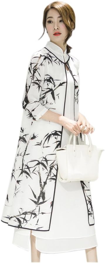 Women Ladies Bamboo Print 2 Piece Linen Silk Cheongsam Qipao Dress with 3/4 Sleeve (XXL)