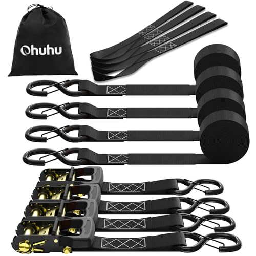 Ohuhu Spanngurte mit Ratsche und Haken 4 Stück - 4 cm x 4,6 m 1500 kg Bruchlast, Ratschen Set - Ratschengurt 2-Teilig - Zurrgurte Schwarz mit Sicherhe