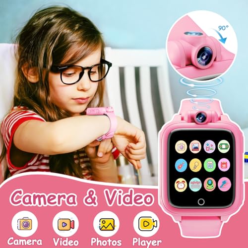 Diswoe Smart Watch for Children, Smartwatch Girl 3 4 5 6 7 8 9 10 11 12 Years, Gift Girl with 14 Games, 90° Rotating Camera, Alarm Clock and HD Touch Screen, Gifts for Boys and Girls