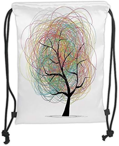 LULUZXOA Gym Bag Printed Drawstring Sack Backpacks Bags,Tree of Life,Colorful Swirling Doodles Tree with Branches Funky Contemporary Illustration Decorative,Pastel White Soft Satin