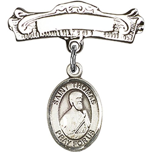 Sterling Silver Baby Badge with St. Thomas the Apostle Charm and Arched Polished Badge Pin 7/8 X 7/8 inches