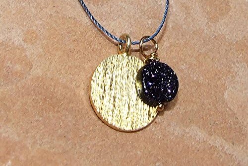24k Gold Dipped Full Moon Pure Silver Pendant, Blue Goldstone Charm Minimalist Cord Necklace