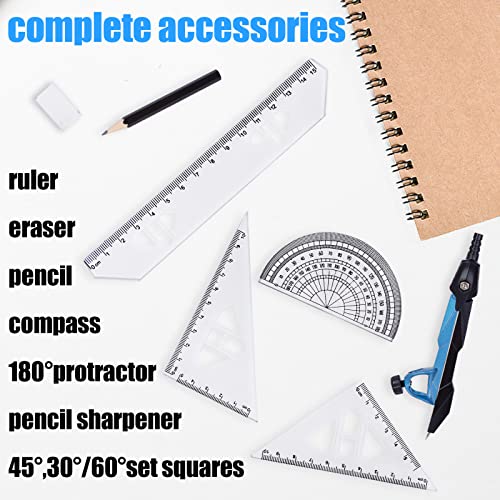 HAKACC Geometry Compass Set, 8PCS Maths Compass Drawing Compass with Rulers Pencil Eraser Sharpener Storage Case for Stationery School Engineers Drafting
