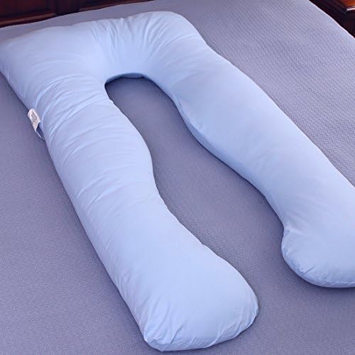 U Shaped Pregnancy Pillow Maternity Body Pillow With Invisible Zipper Removable Cover, 100% Cotton Fabric, Blue, 56X32 Inch