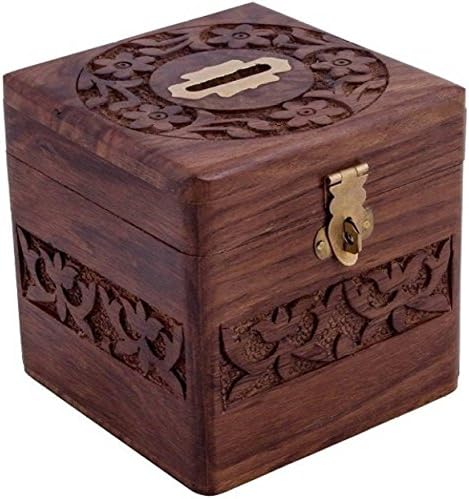 AK Handicraft Wooden Square Piggy Bank for Money and Coins for Kids - Multi Color
