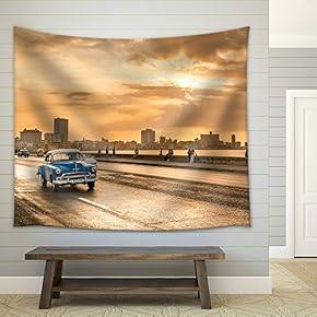 The Sun Setting Over The City of Havana with a View of The Malecon Avenue - Fabric Wall Tapestry Home Decor - 51x60 inches