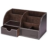 Leather Desk Organizer,Oak Leaf 6 Compartment Office School Supply Desktop Organizer Storage Box with Drawer