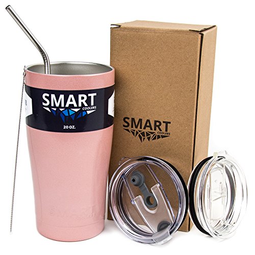 Smart Cooler 20 Oz. Sweat Free Ultra-Tough Double Wall Stainless Steel Tumbler Cup with Leak-proof Heavy Duty Tumbler Lids (Slide Lid & Flip Lid), Straw, & Cleaning Brush - Rose Gold
