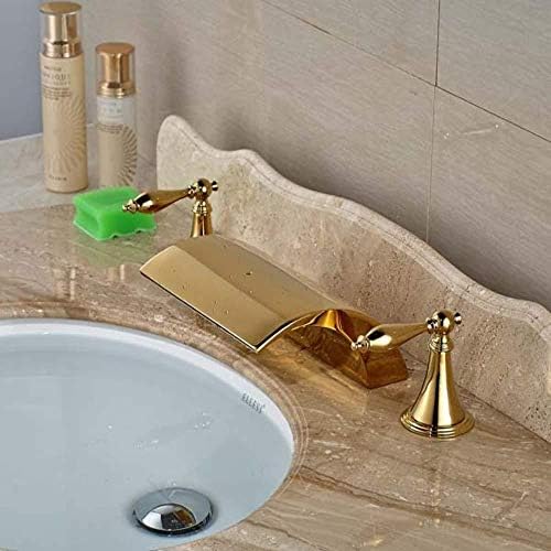 STMORRKitchen Sink Taps Bathroom Sink Taps Two Handles Deck Mounted Golden Brass Waterfall Basin Faucet Widespread Vanity Sink Mixer