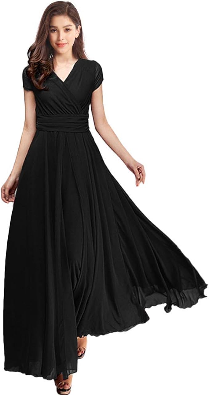 surplice ruched chiffon gown