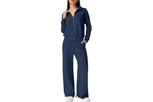 QINSEN Women's Cotton 2 Piece Outfits Lapel Long Sleeve Zip Up Sweatshirt Wide Leg Pants Matching Tracksuit Sets