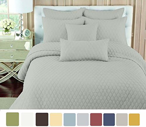 NC Home Fashions Double Ogee embroidered pattern solid color quilt set, King, Silver Gray