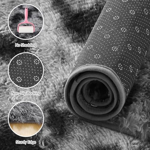 ASIinnsy Living Room Rug, Long Hair, Shaggy Modern Large Grey Rug, Non-Slip Soft, for Bedroom, Dining Room, Plush Rug (250 x 300 cm, Grey Black)