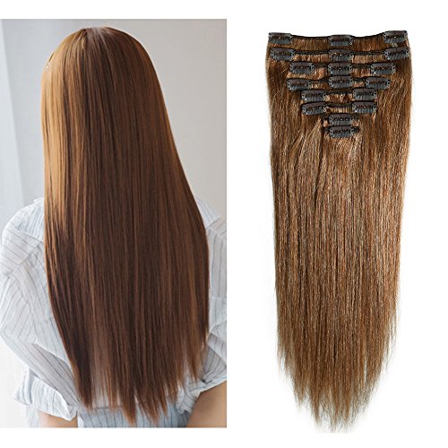 Light Brown Clip in 100% Remy Human Hair Extensions 16" / 16 inch Grade 7A Quality Full Head 8pcs 18clips Long Soft Silky Straight for Women Fashion 90g #6