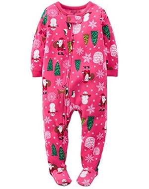 Baby Girls' Holiday Microfleece 1 Piece Footed Sleeper Pajamas (24 Months, Pink Holiday)