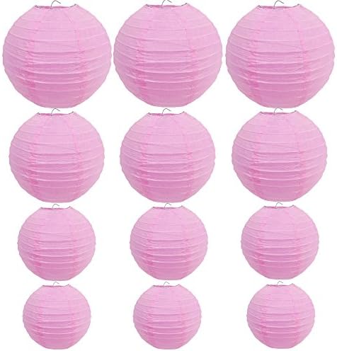 12 Packs Round Chinese Paper Lanterns Assorted Sizes 6Inch 8Inch 10Inch 12Inch Birthday/Wedding/Party Ceiling Hanging Decoration (Pink)