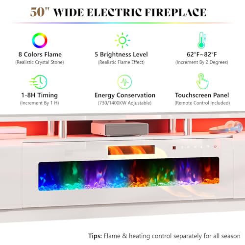 Jocisland Fireplace TV Stand with 50" Fireplace, 90" Modern High Gloss Fireplace Entertainment Center LED Lights, 2 Tier TV Console Cabinet for TVs Up to 100", All White