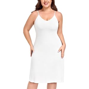Womens Plus Size Full Silp for Under Dresses Soft V Neck Cami Dress | Adjustable Spaghetti Strap Nightgown, Knee Length, Ligh