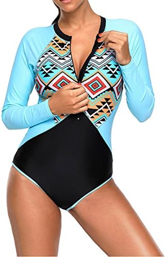 Abby Berny Womens Rashguard Rash Guard Long Sleeve One Piece Zipper Front UV Protection Beach Surfing Swimsuit Bathing Swim Suit Swimwear Blue Print Size XL(US:8-10)