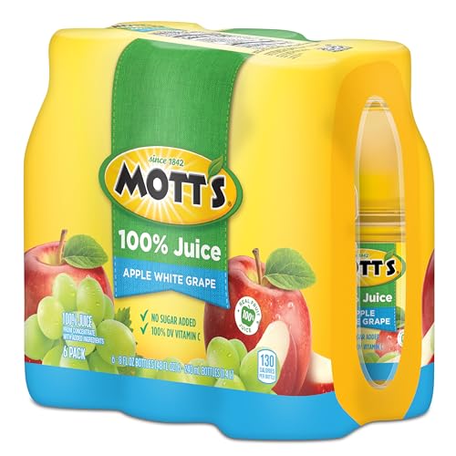 MOTT’S 100% APPLE WHITE GRAPE JUICE, 8 FL OZ BOTTLES, 24 COUNT (4 PACKS OF 6), NO ADDED SUGAR, EXCELLENT SOURCE OF VITAMIN C, 2 SERVINGS OF FRUIT PER BOTTLE, GLUTEN & CAFFEINE FREE, ON-THE-GO