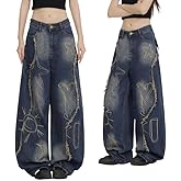 Chmnigma Baggy Jeans for Women Teen Girls Star Loose Barrel Jeans Cute Embroidered Patchwork Wide Leg Denim Pants