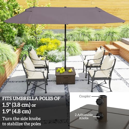 Outsunny 3-in-1 Outdoor Umbrella Base, Coffee End Table, Flower Box Planter with Drain Hole, Square Plastic 176lb Sand Fillable Patio Umbrella Stand Table w/Wheels, Handles, Brown